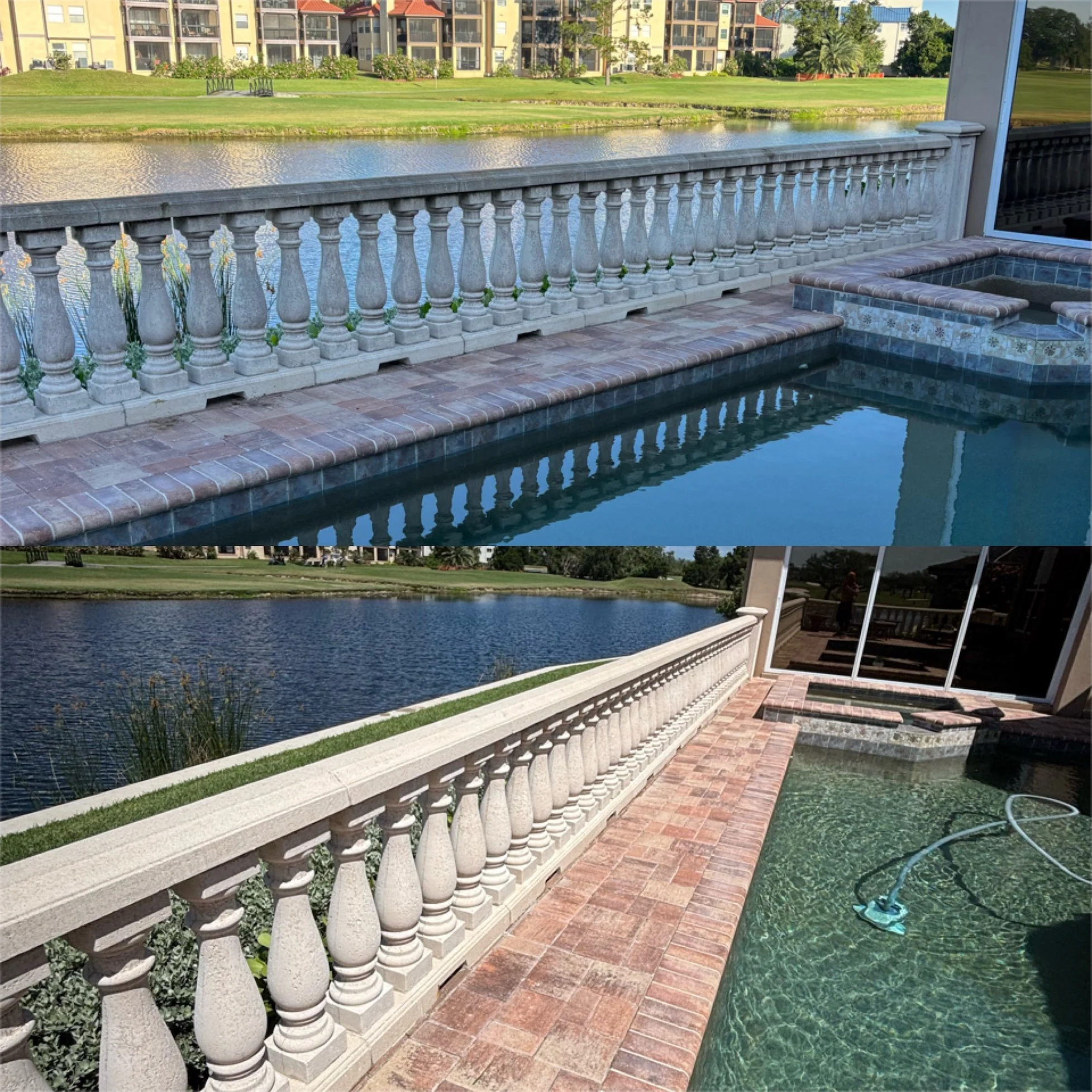 Before and after: paver pool deck and concrete balustrade cleaned at a waterfront vacation rental